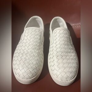 Bottega Veneta White Intrecciato Woven Leather Slip On Sneakers